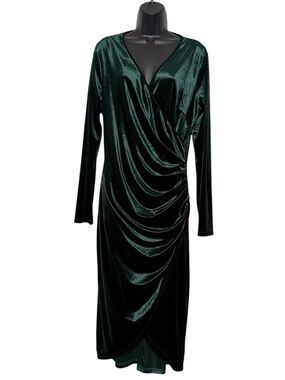 DIRASS Holiday Green Velvet Ruched Long Sleeve V-Neck Midi Dress Size XL